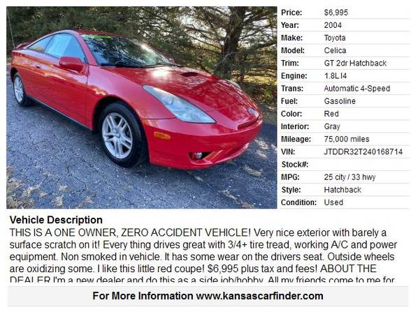 TOYOTA CELICA **75,000 MILES**1OWNER 0ACCIDENT RED SPORTS... for sale in VALLLEY FALLS, KS – photo 2