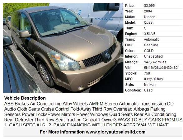 2004 NISSAN QUEST 147, 000 MILES 1-OWNER RUNS GREAT 3995 CASH - cars for sale in REYNOLDSBURG, OH – photo 2