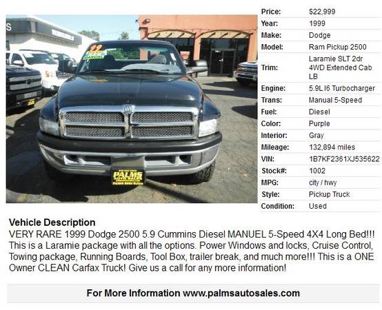 1999 Dodge Ram 2500 SLT 4x4 Diesel 5-spd Manual Extended Cab Laramie for sale in Sacramento , CA – photo 2