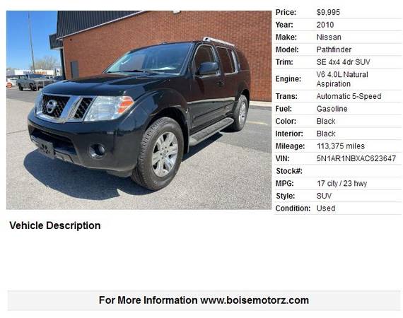 2010 Nissan Pathfinder SE 4x4 3RD ROW SEATS ONE for sale in Boise, ID – photo 2