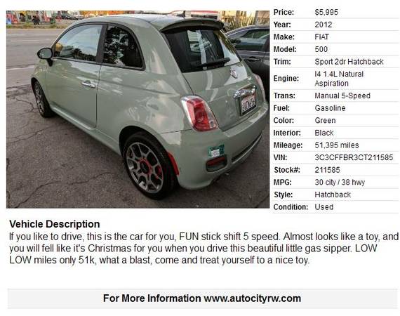 2012 FIAT 500 Sport 2dr Hatchback 51395 Miles - cars & trucks - by... for sale in Redwood City, CA – photo 2