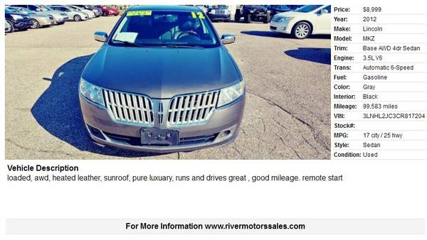 2012 Lincoln MKZ Base AWD 4dr Sedan 99583 Miles - cars & trucks - by... for sale in Portage, WI – photo 2