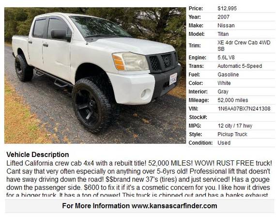 2007 NISSAN TITAN CREW 4X4 **52,000 MILES**LIFTED CALIFORNIA... for sale in Valley Falls, KS – photo 2