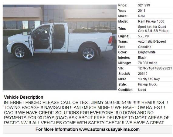 2011 RAM Ram Pickup 1500 Sport 4x4 !!!!!!!!!!!!!!!!! for sale in INTERNET PRICED CALL OR TEXT JIMMY 509-9, WA – photo 2