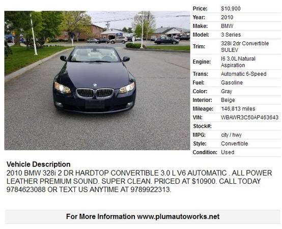 2010 BMW 328i 2 DR HARDTOP CONVERTIBLE 3 0 L V6 AUTOMATIC ALL for sale in Newburyport, MA – photo 2