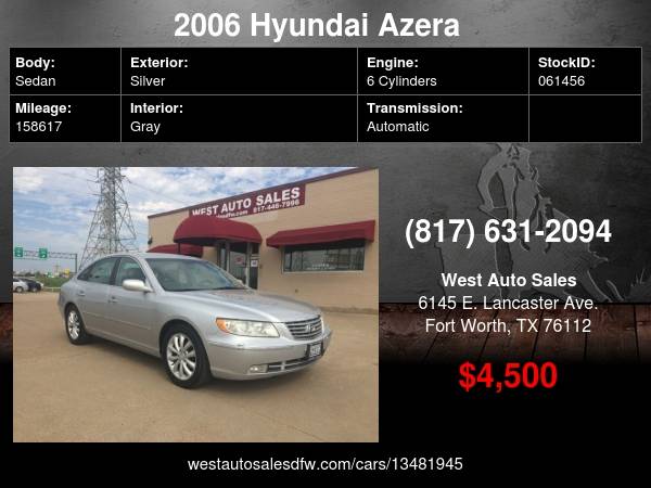 2006 Hyundai Azera 4dr Sdn Limited 4500 Cash Cash / Finance - cars &... for sale in Fort Worth, TX