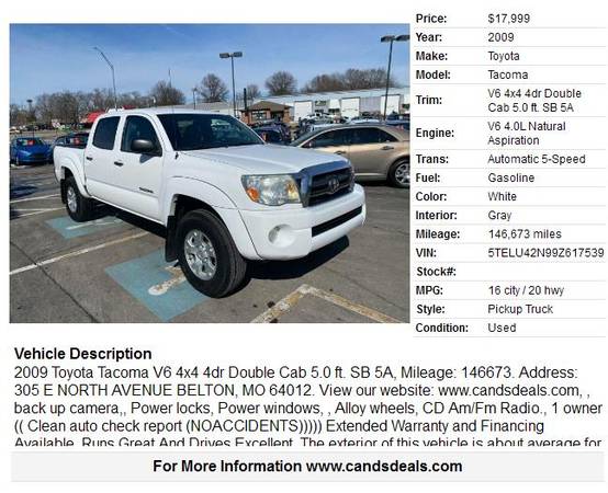 2009 Toyota Tacoma V6 4x4 4dr Double Cab 5 0 ft - - by for sale in Belton, MO – photo 2