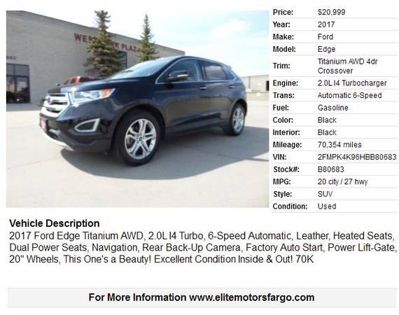 2017 Ford Edge Titanium AWD, Leather, Nav, Loaded, Nice - cars & for sale in Fargo, ND – photo 2
