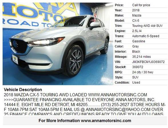 2018 MAZDA CX5 AWD,PAYMENTS STARTING@$299*PER MONTH-STOP BY OR CALL US for sale in Detroit, MI – photo 2