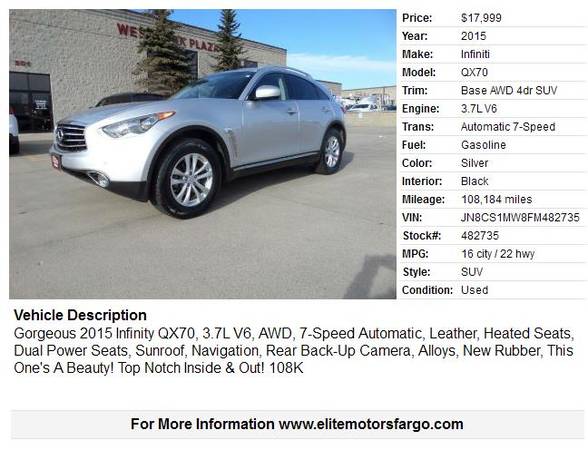 2015 Infinity QX70, Leather, Sunroof, Navigation, AWD, Loaded! -... for sale in Fargo, ND – photo 2