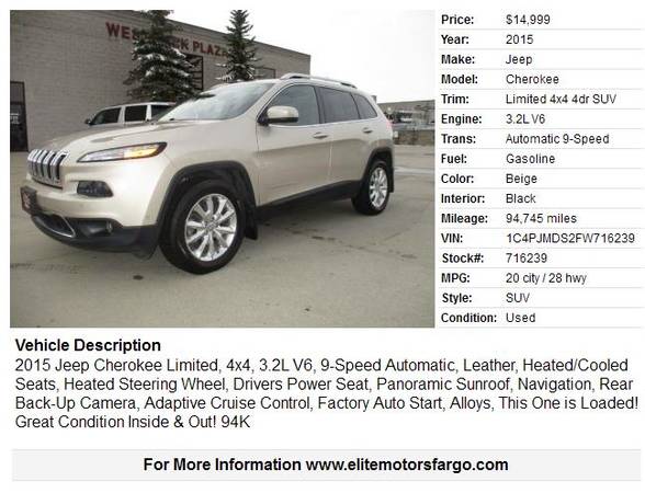 2015 Jeep Cherokee Limited, 4x4, leather, Nav, Sun, Adaptive Cruise... for sale in Fargo, ND – photo 2
