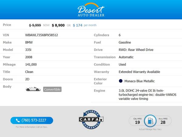 2008 BMW *335i* *335 i* *335-i* $174 /mo for sale in Palm Desert , CA – photo 2