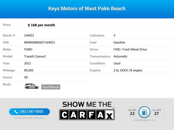 168/mo - 2013 Ford Transit Connect XLT Wagon - - by for sale in West Palm Beach, FL – photo 2