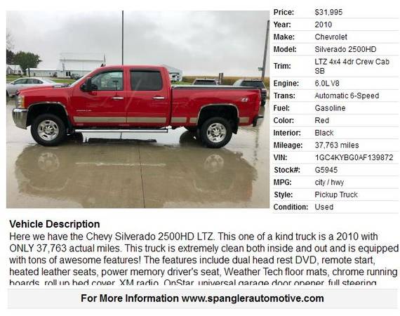2010 CHEVY SILVERADO 2500HD LTZ*ONLY 37K MILES*DUAL DVD*LOADED*RARE!! for sale in Glidden, IA – photo 2