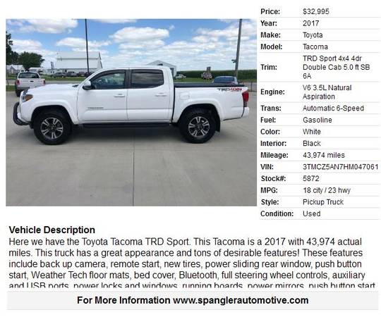 2017 TOYOTA TACOMA TRD SPORT*43K MILES*REMOTE START*NEW TIRES*SHARP!! for sale in Glidden, IA – photo 2