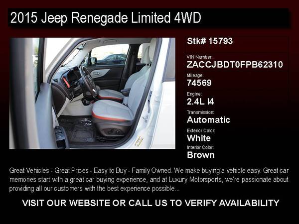 15793 - 2015 Jeep Renegade Limited 4WD w/BU Camera and Prem Wheels for sale in Other, AZ – photo 2