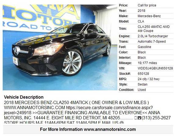 2018 MERCEDES-BENZ CLA250 AWD,WE FINANCE YOU W/$995*DOWN-APPLY... for sale in Detroit, MI – photo 2