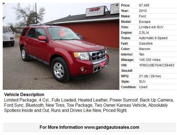 2010 Ford Escape Limited 4dr SUV 145335 Miles - - by for sale in Merrill, WI – photo 2