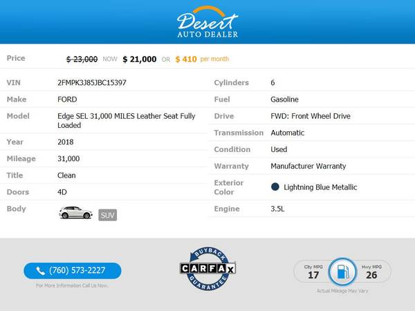 2018 Ford Edge SEL 31,000 MILES Leather Seat Fully Loaded SEL SUV at... for sale in Palm Desert , CA – photo 2