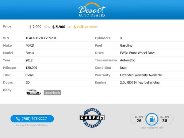 2012 Ford Focus SE Hatchback - Clearly a better value! - cars &... for sale in Palm Desert , CA – photo 2