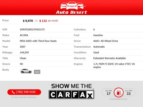 2007 Acura *MDX* *AWD* *with* *Third* *Row* *Seats* ** *Sport* *Pkg*... for sale in Palm Desert , CA – photo 2