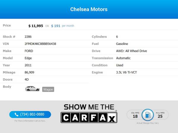 $191/mo - 2011 Ford *Edge* *Limited* *AWD* *Wagon* - Easy Financing!... for sale in Chelsea, MI – photo 2