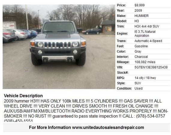 2009 Hummer H3!!! HAS ONLY 108k MILES 5 CYLINDERS - cars & trucks -... for sale in leominster, MA – photo 2
