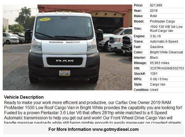2019 Ram 1500 Promaster 3.6 Liter V6 Low Roof Cargo Van - cars &... for sale in Citrus Heights, CA – photo 2