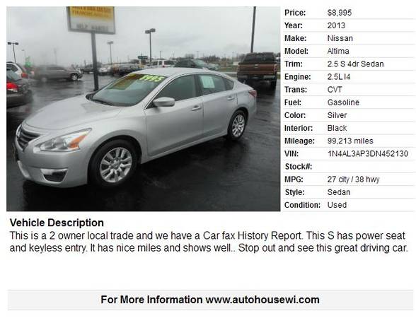 2013 Nissan Altima 2 5 S Good Miles sharp - - by for sale in Waukesha, WI – photo 2