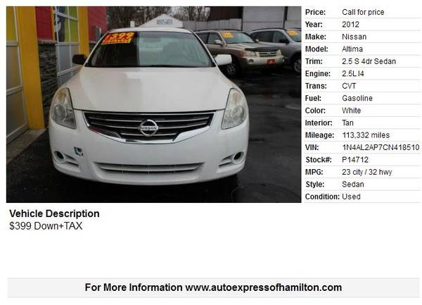 2012 Nissan Altima 399 Down TAX BUY HERE PAY HERE for sale in Hamilton, OH – photo 2