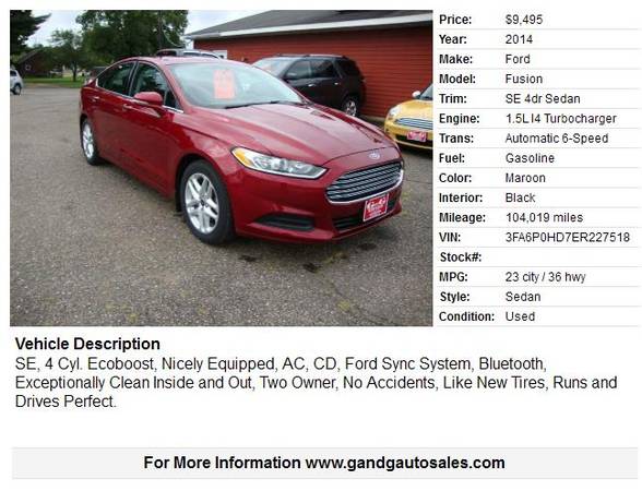 2014 Ford Fusion SE 4dr Sedan 104019 Miles - cars & trucks - by... for sale in Merrill, WI – photo 2