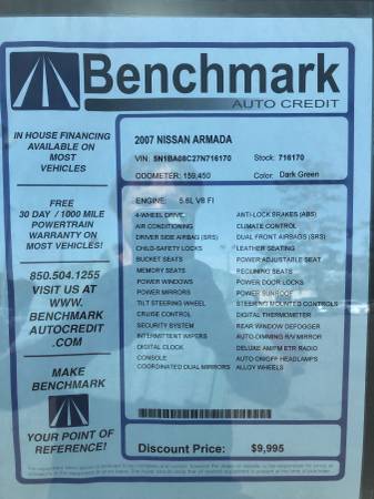2007 Nissan Armada free warranty - - by dealer for sale in Benchmark Auto Credit - Tallahassee, FL – photo 8