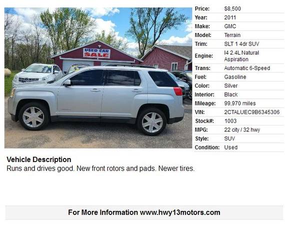 2011 GMC Terrain SLT 1 4dr SUV 99970 Miles - - by for sale in Wisconsin dells, WI – photo 2