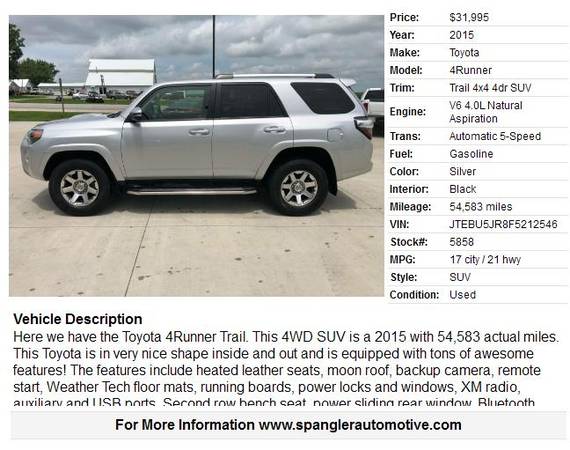 2015 TOYOTA 4RUNNER TRAIL*4WD*HEATED LEATHER*54K*MOONROOF*LOADED UP!! for sale in Glidden, IA – photo 2