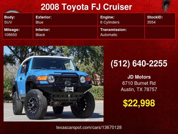 2008 Toyota FJ Cruiser *(( Lifted * Custom * Voodoo Blue COLOR ))* -... for sale in Austin, TX – photo 24