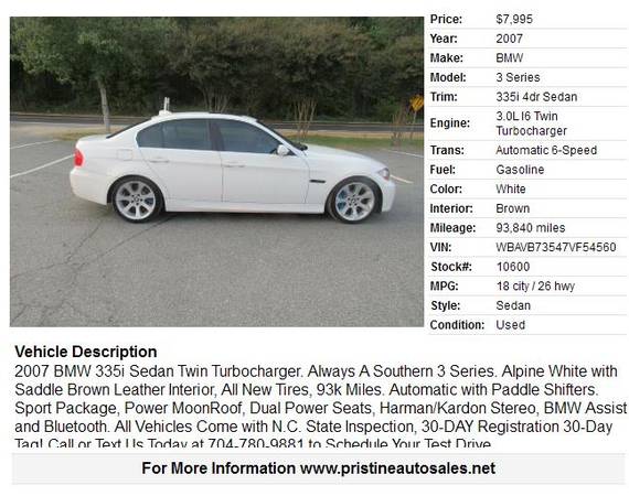 2007 BMW 335 TWIN TURBO 93k MILES ALWAYS A SOUTHERN BMW for sale in Matthews, SC – photo 4