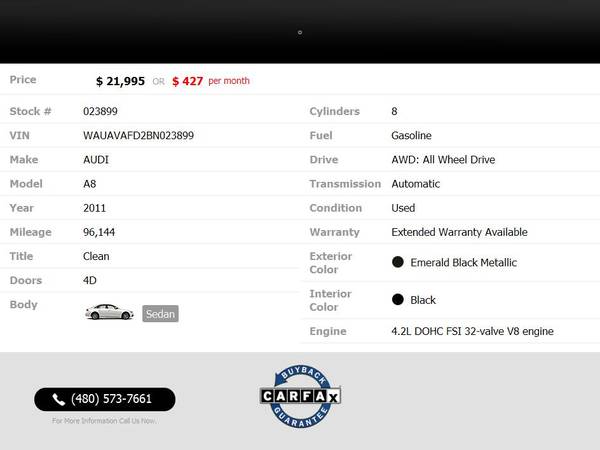 2011 AUDI A8 LUX for $427/mo - Easy Approvals! - cars & trucks - by... for sale in Scottsdale, AZ – photo 2