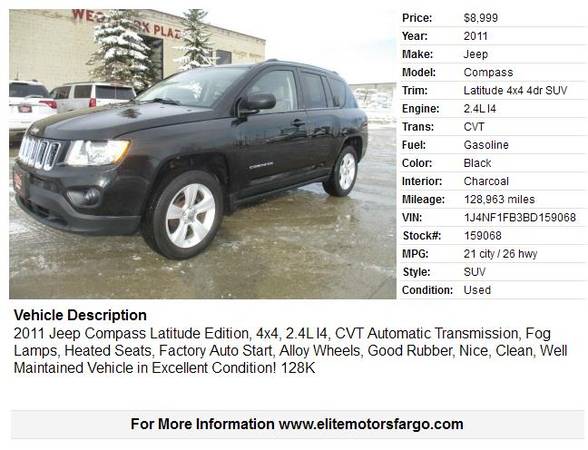 2011 Jeep Compass Latitude, 4x4, Htd Seats, Auto Start, Nice - cars... for sale in Fargo, ND – photo 2