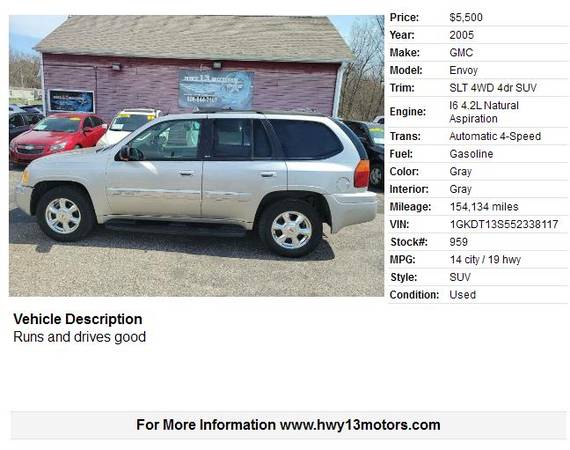 2005 GMC Envoy SLT 4WD 4dr SUV 154134 Miles - - by for sale in Wisconsin dells, WI – photo 2