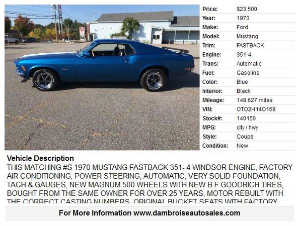 1970 Ford Mustang FASTBACK, Matching Numbers! for sale in Lowell, MA – photo 2