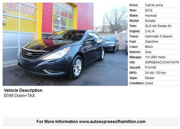 2012 Hyundai Sonata $599 Down+TAX BUY HERE PAY HERE - cars & trucks... for sale in Hamilton, OH – photo 2