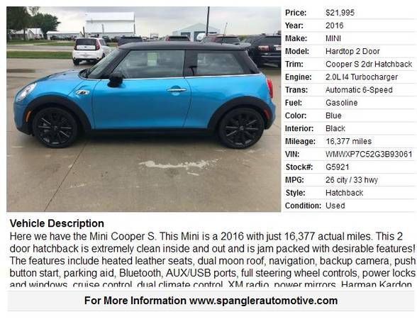 2016 MINI COOPER S*16K*HEATED LEATHER*NAV*DUAL MOONROOF*SPORTY RIDE!! for sale in Glidden, IA – photo 2