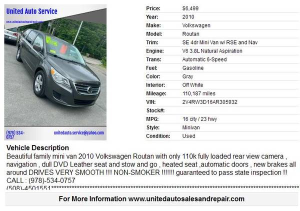 2010 Volkswagen Routan with only 110k ￼￼￼fully loaded rear view... for sale in leominster, MA – photo 2