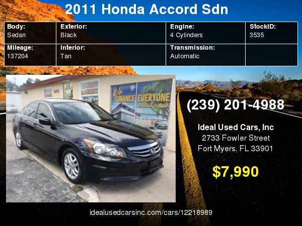 2011 Honda Accord Sdn 4dr I4 Auto LX-P with Side door pockets for sale in Fort Myers, FL