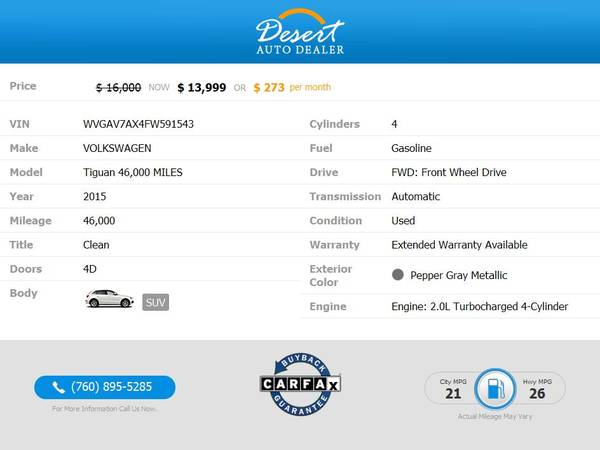 2015 Volkswagen Tiguan 46,000 MILES S SUV only at Desert Auto Dealer... for sale in Palm Desert , CA – photo 2