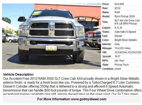 2012 Ram 3500 SLT 4x4 Crew Cab 6 7 Cummins Diesel Truck - cars & for sale in Citrus Heights, CA – photo 2