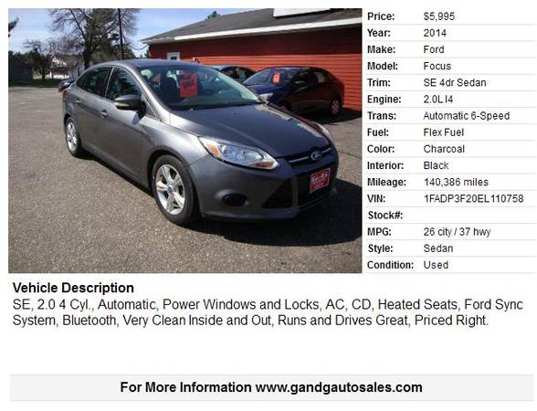 2014 Ford Focus SE 4dr Sedan 140386 Miles - - by for sale in Merrill, WI – photo 2