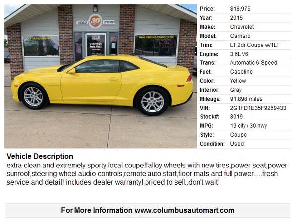 2015 Chevrolet Camaro LT Coupe - - by dealer - vehicle for sale in Columbus, NE – photo 2