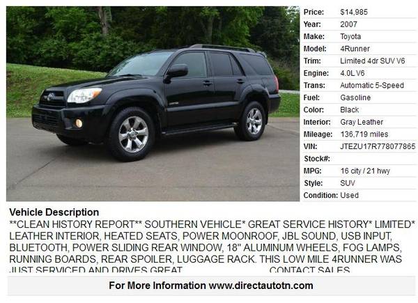 2007 Toyota 4Runner Limited - Clean Carfax, Southern, Leather for sale in Franklin, TN – photo 2