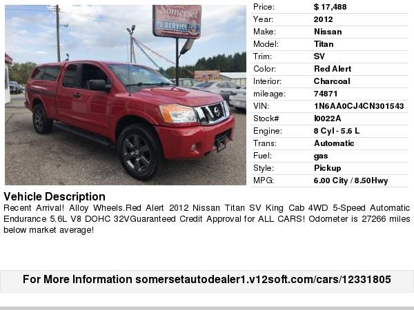 2012 NISSAN TITAN SV CALL/TEXT D for sale in Somerset, WI – photo 15